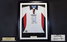 Football Interest Autographed England Shirt Stuart Pearce Framed and mounted under glass,
