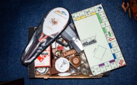 Box of Assorted Collectables including Vintage Monopoly, old glass,cameras,