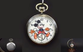 Ingersoll Mickey Mouse Chrome Cased Mechanical Pocket Watch. c.1930's. With Original Watch Fob. In