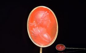 Georgian Period Very Fine Quality 19th Century - Oval Shaped Carnelian Intaglio Set Gold Stick Pin.