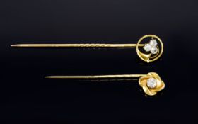 Antique Period 14ct Gold Diamond Set Stick Pin Set with three old cut diamonds marked 585 14ct gold.