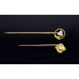 Antique Period 14ct Gold Diamond Set Stick Pin Set with three old cut diamonds marked 585 14ct gold.