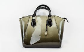 L Credi Two Tone Silver Grey and Black Patent Leather Handbag with Both Short and Cross Body