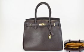Luxury Ladies Leather Handbag Top handle bag in chocolate brown textured leather with gold hardware