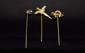 Antique- Period 18ct and 14ct Gold Stick Pins, Three (3) in total.