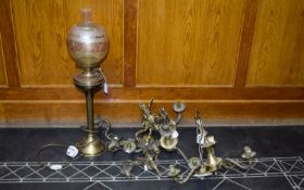 Brass Oil Lamp With Glass Shade An oil lamp, later converted to electric,