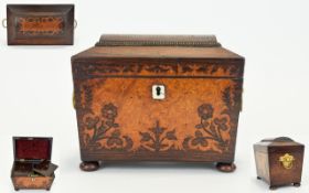 Regency Period Marquerty Inlaid Sarcophagus Shaped Mahogany and Yew Wood Fronted Tea Caddy ( Good