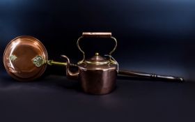 Large Copper Kettle 14 inches in height. Together with a copper bed warming pan with mahogany