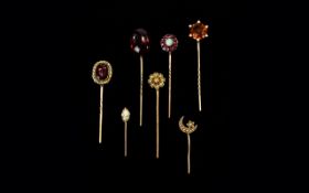 A Good Collection of 19th Century Period 9ct Gold Stone Set Stickpins ( 7 ) Seven In Total.