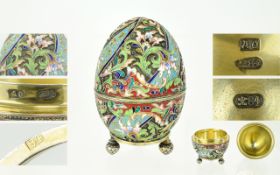 Russian Very Fine Silver Gilt and Enamel / Cloisonne Egg and Stand. Decorated Throughout In