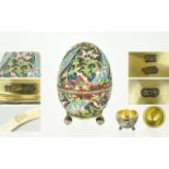 Russian Very Fine Silver Gilt and Enamel / Cloisonne Egg and Stand. Decorated Throughout In