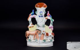 Staffordshire - Pottery Figural Spill Vase. c.1850/1860. Features Horse, Cow, Exotic Birds and
