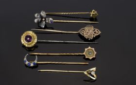 A Collection of Late 19th Century / Early 20th Century Gold Stone Set Stick Pins ( 7 ) Seven In