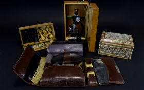 Mixed Lot Comprising Student Microscope In Box, Chess Pieces, Hinged Box With Mother Of pearl