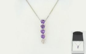 Ladies 9ct White Gold and Amethyst and Diamond Drop Pendant, with Attached 9ct White Gold Chain - 20