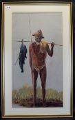 African Figurative Chalk Pastel Drawing Depicting a fisherman with fishes attached to a crude