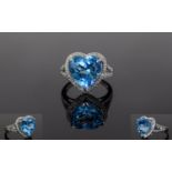 14ct White Gold Diamond & Topaz Ring, Central Heart Shaped Blue Topaz (Approx 6.75cts) Surrounded By