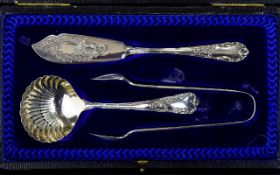 Edwardian Fine Quality Silver 3 Piece Boxed Set of Sugar Nips, Sugar Sifter,