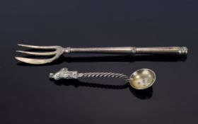 A Silver Pickle Fork And Salt Spoon Small salt spoon with figurative handle,