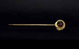Victorian Period Large 9ct Gold Stick Pin. Set with a large quality Cabuchon Cut Garnet est 4 cts.