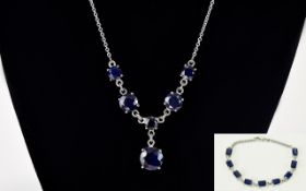 A Modern Ladies Solid Silver - Stone Set ( Dark Sapphire ) Necklace with Matching Bracelet,