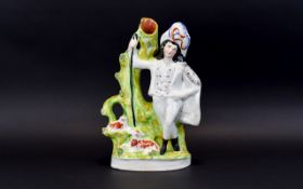 Staffordshire 19th Century - Large Spill Vase Figure. Highland Shepherd with Crook and Sheep. c.