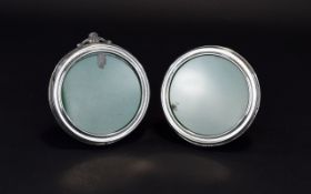 Elizabeth II Period Pair of Circular Silver Small Photo Frames with Wooden Back and Splat.