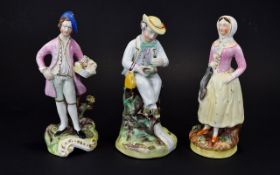Staffordshire Hand Painted Early Figures ( 3 ) In Total. From The 19th Century.