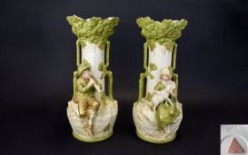 Royal Dux Bohemia Fine Pair of Art Nouveau Figural Tall Vases In Blush Tones and Fine Gilding,