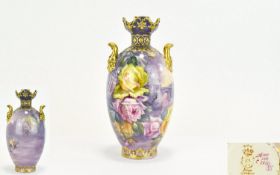 Royal Bonn Franz Anton Mehlem Ovoid Two Handled Signed Vase Hand painted, signed pink and yellow