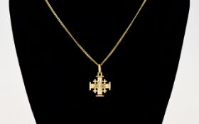 18ct Gold Stylish Cross ( Marked Jerusalem ) with Attached 18ct Gold Chain. Marked 750 - 18ct.