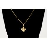 18ct Gold Stylish Cross ( Marked Jerusalem ) with Attached 18ct Gold Chain. Marked 750 - 18ct.
