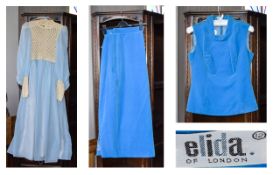 Ladies Vintage 1960's Velvet Skirt Suit And 1970's Maxi Dress A cerulean blue slim velvet suit