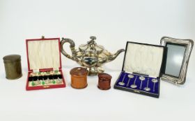 Mixed Lot Comprising 19thC Silver Plated Tea Pot, Two Boxed Coffee Bean Spoons,