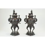 Japanese 19th Century Large and Impressive True Pair of Elaborate Bronze Censers, Decorated with