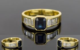 18ct Yellow Gold Baguette Diamond and Sapphire Ring. Marked 750 - 18ct.