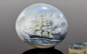 19th Century - Scrimshaw Style Hand Painted Pebble - Oval Shape Depicting a Large Ship / Galleon In