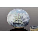 19th Century - Scrimshaw Style Hand Painted Pebble - Oval Shape Depicting a Large Ship / Galleon In