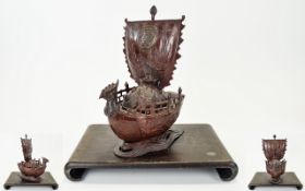 Japanese Mid 20th Century Reproduction Painted Iron Censer In The Form of a Japanese Boat From The