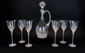 Romanian - 1960's Stylish Crystal Set of Six Wine Glasses with Matching Decanter In The Art Deco