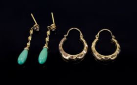 Antique Period - Pair of 9ct Gold and Turquoise Set Earrings ( with Diamond Inset ) Marked 9ct Gold