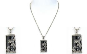 Silver Marquise Pendant And Chain Reproduction art deco style pendant with central black