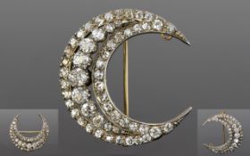 Antique Period - Fine Quality Crescent Moon Shaped Gold and Platinum Set Diamond Brooch,