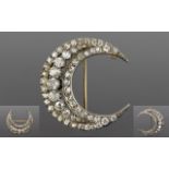 Antique Period - Fine Quality Crescent Moon Shaped Gold and Platinum Set Diamond Brooch,