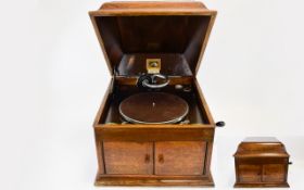 H.M.V Table Top Oak Cabinet Wind-up Gramophone. c.1930's. Model Number 103, Compartment for Records.