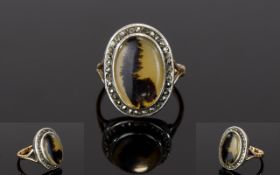 A Vintage Silver Marcasite And Agate Ring Attractive ring with central oval agate surrounded by