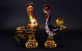 Murano - Multi Coloured Glass Figural Cockereels. c.1960's. Each 9.5 Inches High.