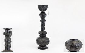 Large Bronze Incense Burner Globular Base With Applied Bird And Foliage Decoration, Tall Tubular