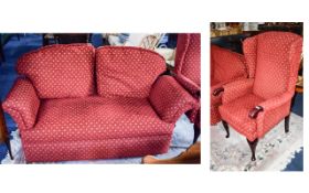 Matched Set of Armchair and Day Bed, Mahogany frames with 'cherry' upholstered fabric.