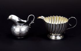 Edwardian Period - Small Silver Cream Jug with Scroll Handle and Ribbed Body.